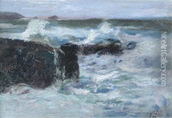 A Rough Sea Breaking On The Rocks Oil Painting - Julius Olsson