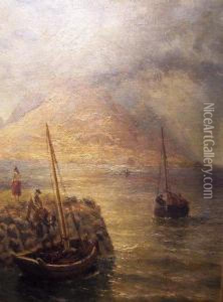Roundstone Bay, Connemara 
 With Fishing Boat Unloading The Catch Oil Painting - Thomas Rose Miles