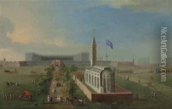 A View Of Fort William, Calcutta, Seen From The East, With The Church Of Saint Anne And The Governor And His Guard Oil Painting - George Lambert