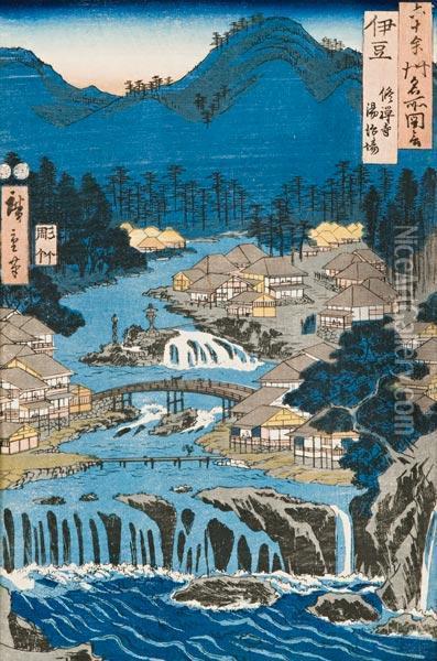 Vedute Celebri Delle Oltre 60 
Province Giapponesi, Provincia Di Izu, Sorgenti Presso Il Tempio Shuzen Oil Painting - Utagawa or Ando Hiroshige