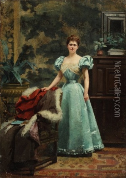 Portrait De Femme En Robe Bleue Dans Son Interieur Oil Painting - Fanny Laurent Fleury