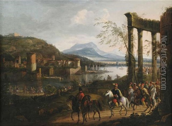 Weite Italienisierende Flusslandschaft Mit Ruinen, Hafenanlage Und Grosem Reiterzug (collab. W/workshop) Oil Painting - Willem Van Bemmel