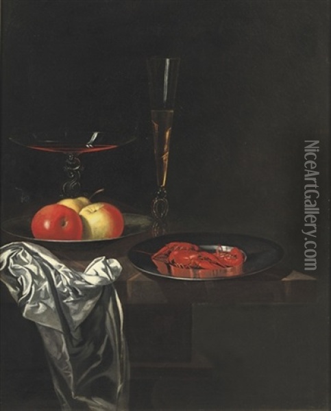 Two Venetian Glasses, Apples On A Pewter Plate And A Silver Dish With Crayfish Oil Painting - Georg Hainz