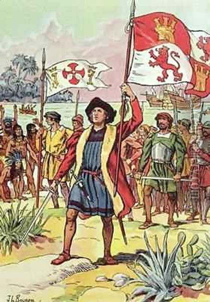 Christopher Columbus (1451-1506) plants the Spanish flag into the soil Oil Painting - J. L. Beuzon