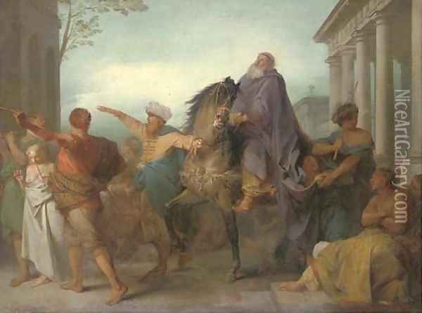A classical scene with an old man being lead through a city on horseback Oil Painting - Nicolas-Antoine Taunay
