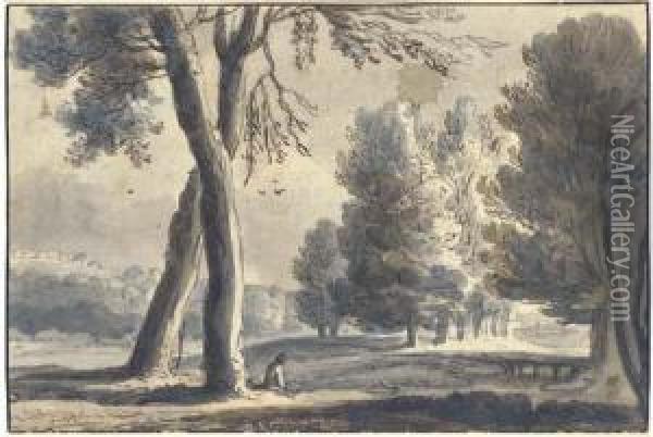 An Extensive Wooded Landscape, A Figure Seated Under A Tree In Theforeground Oil Painting - Roelandt Roghman