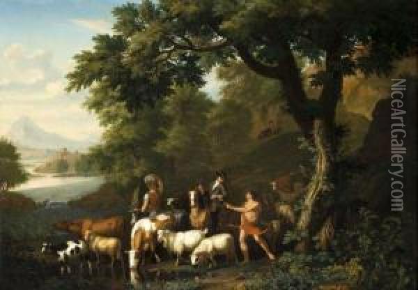 Cavalier Et Bergers Avec Leur Troupeau Devant Un Paysage De Riviere Oil Painting - Jan van Gool