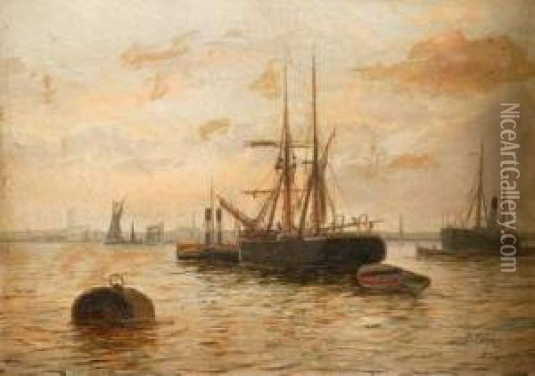 Shipping In An Estuary Oil Painting - Edwin Fletcher