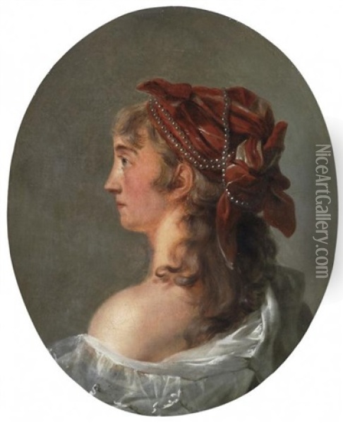 Portrat Einer Jungen Dame Mit Rotem, Perlenbesetztem Kopftuch Im Profil Oil Painting - Anna Dorothea Lisiewski