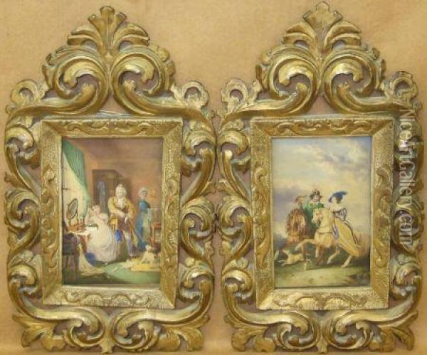 Victorian Interior With Figures And Dog Oil Painting - C.F. Bulkley