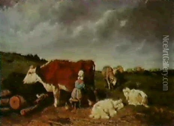 Milking The Cow Oil Painting - Giuseppe Palizzi