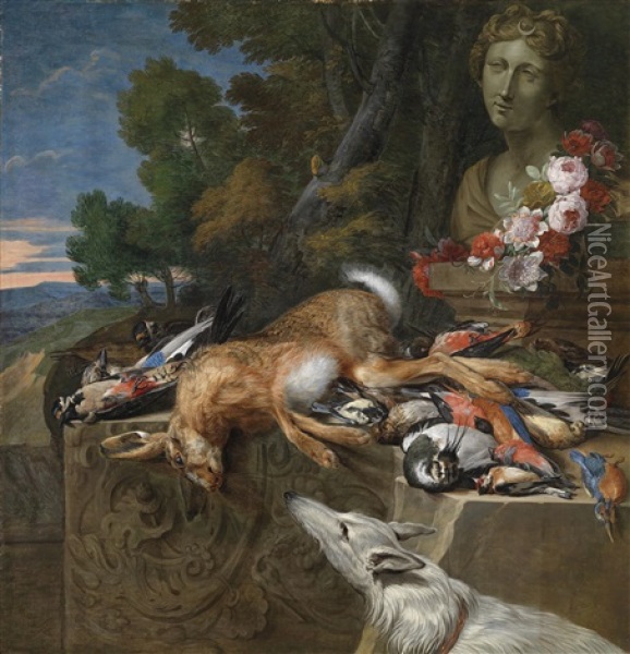 Ein Jagdstillleben, Flankiert Von Einer Dianabuste Und Einem Hund Oil Painting - Hieronymus Galle the Elder