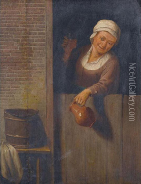 An Old Lady At A Window Holding A Pitcher And A Glass Of Ale Oil Painting - Isaack Jansz. van Ostade
