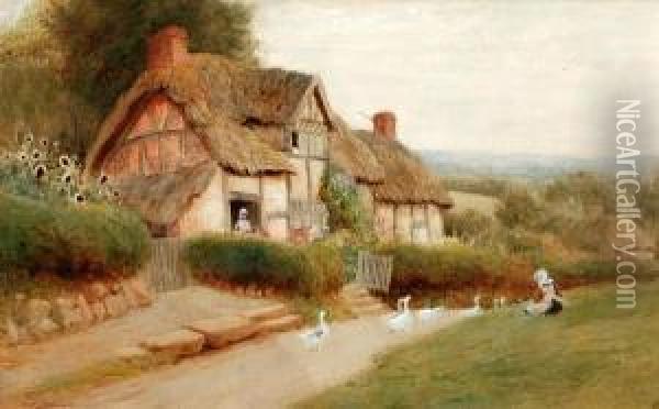 Geese On A Lane Before A Thatchedcottage Oil Painting - Arthur Claude Strachan