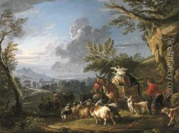 A Landscape With Travelers And A Drover Oil Painting - Francesco Giuseppe Casanova
