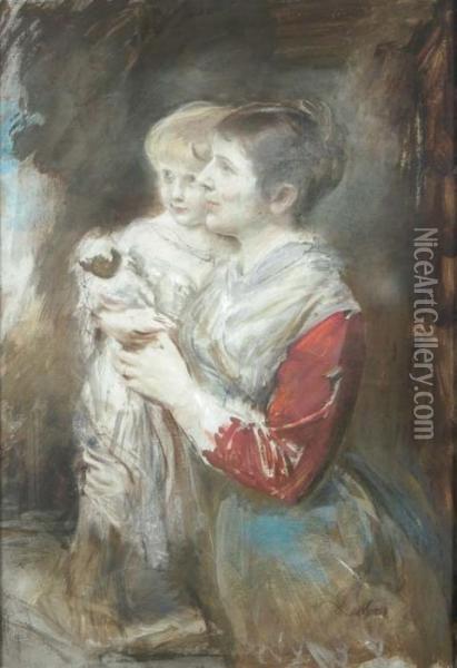 Portrait Of A Woman And Child Oil Painting - Franz von Lenbach