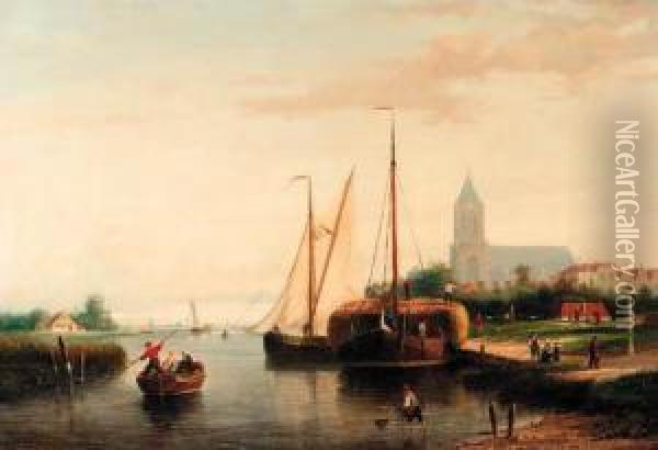 A Moored Haybarge And Other 
Shipping By A Bleach-field, In Theharbour Of Monninckendam (?) Oil Painting - Johannes Frederik Hulk, Snr.