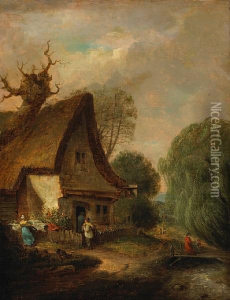 A Thatched Cottage By A Stream Oil Painting - James Stark