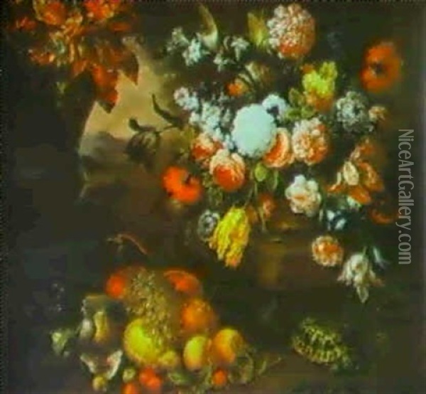 Still Life Of Flowers In A Wicker Basket, Fruit And A       Tortoise Beside An Urn Oil Painting - Bartolommeo Bimbi