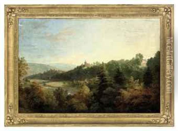 An Extensive River Landscape With Buildings Beyond Oil Painting - William Gill