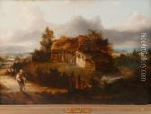 Figure On Pathalongside A Cottage Oil Painting - Patrick, Peter Nasmyth