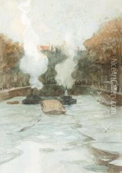 Icebreaker On The Herengracht Oil Painting - Nicolaas Van Der Waay