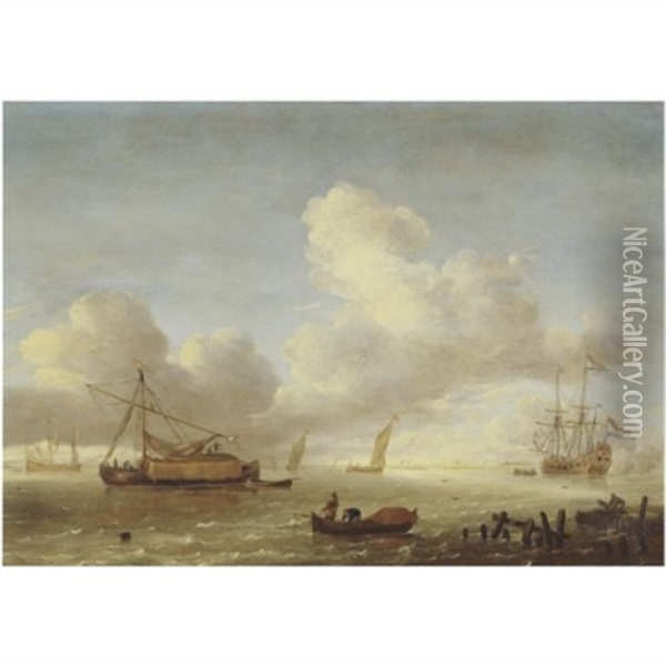 Ships In An Estuary With Fishermen And A Jetty In The Foreground Oil Painting - Jeronymus Van Diest