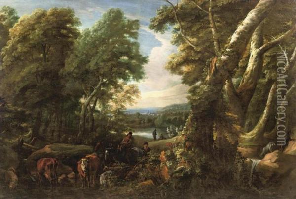 A Wooded Landscape With Shepherds And Cattle Resting Near Alake Oil Painting - Jacques D Arthois