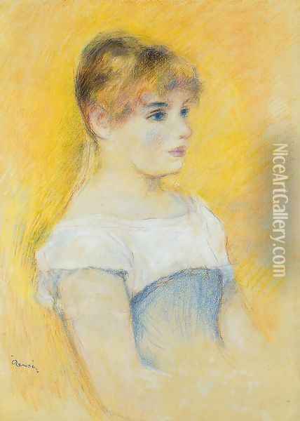 Young Girl In A Blue Corset Oil Painting - Pierre Auguste Renoir