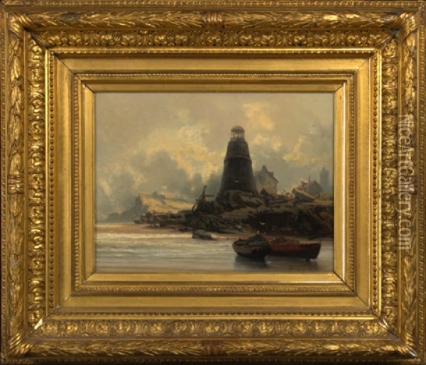 Lighthouse At Low Tide Oil Painting - Jean Baptiste Henri Durand-Brager