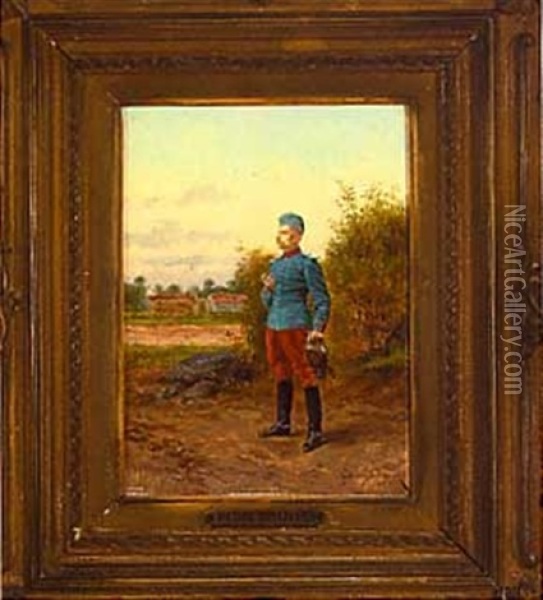 Portrait Of A Calvary Officer In A Field Oil Painting - Etienne Prosper Berne-Bellecour