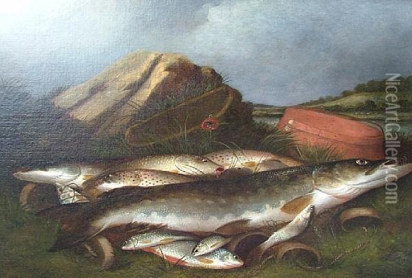 Pike And Trout On A Riverbank Oil Painting - Henry Leonidas Rolfe