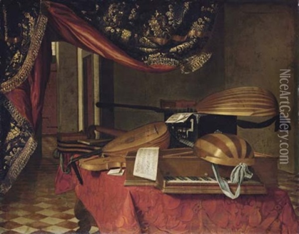 A Spinet, A Mandolino, Lutes, A Theorbo, A Violin, A Guitar, A Harp, An Ebony Casket And Musical Manuscripts On A Draped Table In An Interior Oil Painting - Evaristo Baschenis