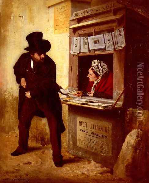 At The Newspaper Kiosk Oil Painting - Just L'Hernault