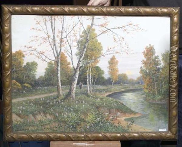 Flusslandschaft. Oil Painting - Leopold Graninger