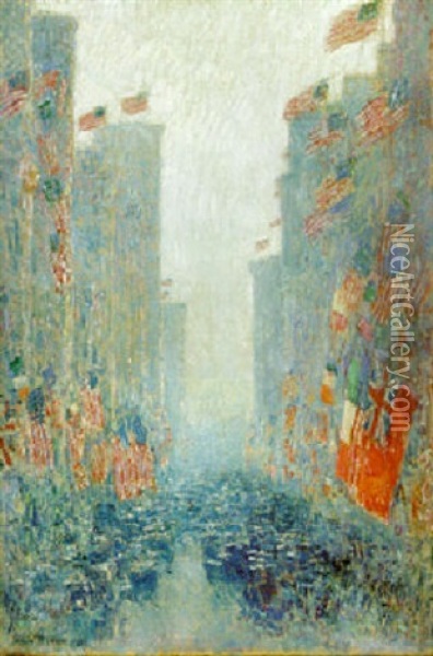 Flags, Afternoon On The Avenue Oil Painting - Childe Hassam