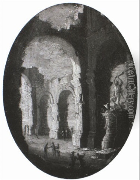 Capriccio Of Sightseers Amid Classical Ruins Oil Painting - Leonardo Coccorante