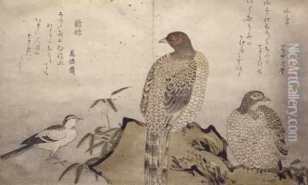 Two Copper Pheasants and a Wagtail, from an album Birds compared in Humorous Songs, 1791 Oil Painting - Kitagawa Utamaro