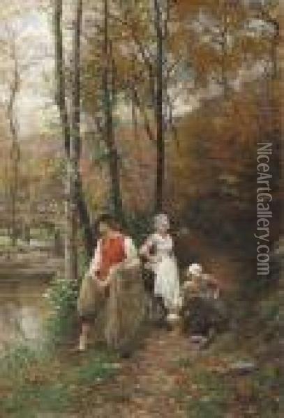 Fishing Along The Riverbank Oil Painting - Marie-Francois-Firmin Girard