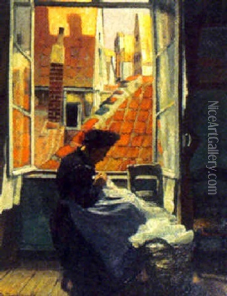 Handarbetande Kvinna Oil Painting - Henrik Nordenberg