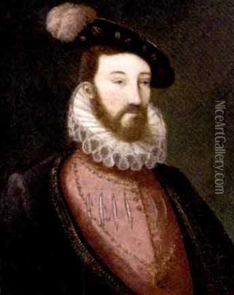Portrait Of A Bearded Nobleman, In A Pink Slashed Doublet With Ruff And A Black Jacket, Wearing A Medallion And A Black Cap With A Plume Oil Painting - Francois Clouet