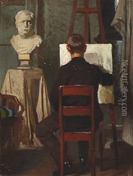 A Painter In His Studio, Presumably The Artist Himself Oil Painting - Frants Peter Didrik Henningsen