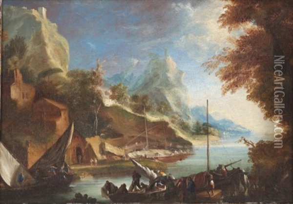 Paesaggio Con Barche E Personaggi Oil Painting - Bartolomeo Pedon