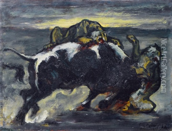 A Bull Fighting Against Two Tigers Oil Painting - Leo von Koenig