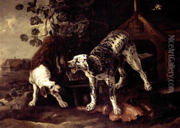 Landscape With Two Hounds Fighting Before A Kennel Oil Painting - Pieter Boel