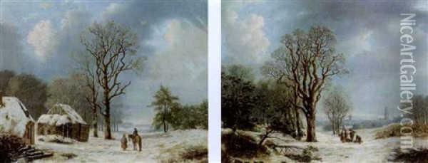 Winter Landscape With Wood Gatherers (+ Winter Landscape With Travellers; Pair) Oil Painting - Johannes Simon Zembsch