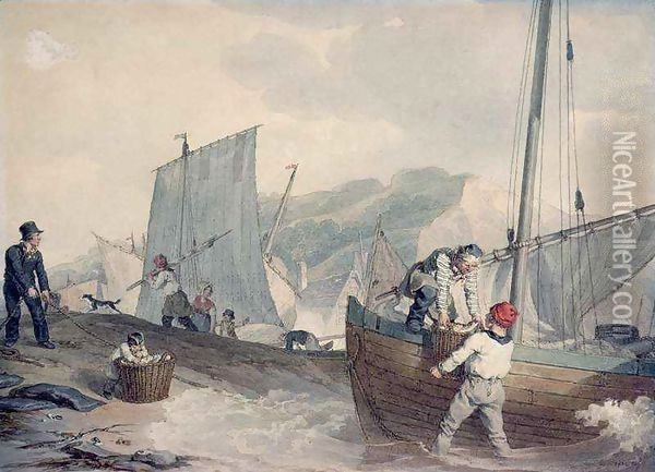 Fishing Boats Unloading Oil Painting - John Augustus Atkinson
