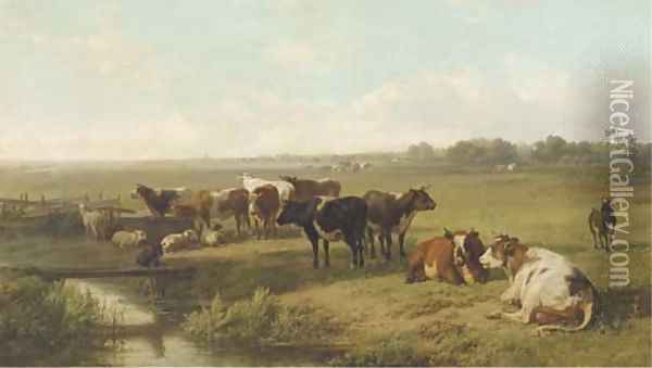 Cattle in an extensive polder landscape Oil Painting - Jan Bedijs Tom