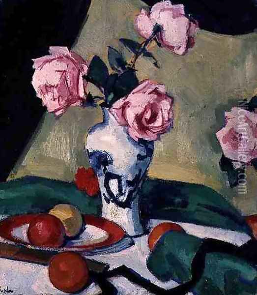 Still Life with Japanese Jar and Roses, c.1919 Oil Painting - Samuel John Peploe