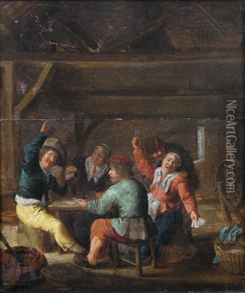 An Interior With Peasants Drinking And Playing Cards Oil Painting - Bartholomeus Molenaer